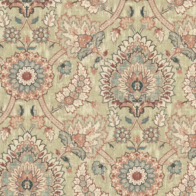 Waverly Castleford Parchment Cotton Fabric - Damask Floral Medallion, Parchment Beige/Dusty Rose/Navy/Taupe, 55" Width (1 Yard)
