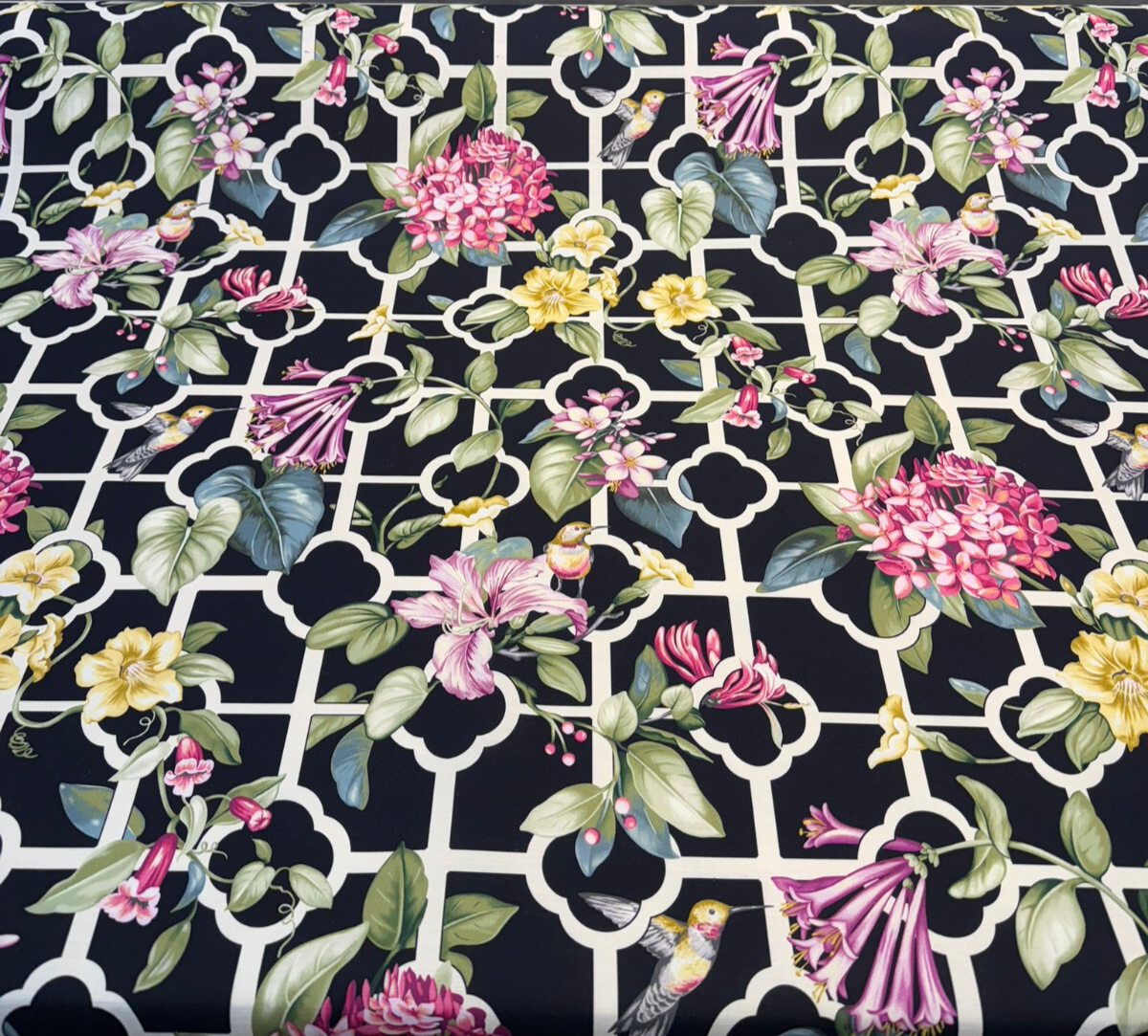 Waverly Treillage Floral Black Noir 100% Cotton Fabric - Black Floral Trellis, 54" Width (1 Yard)