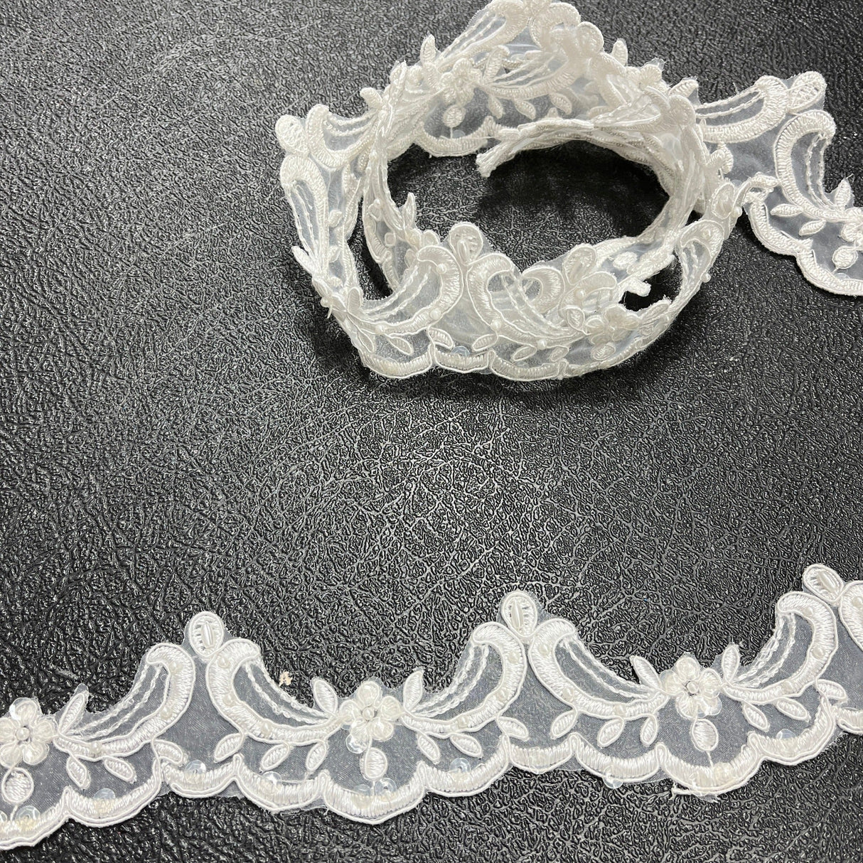 Beaded Corded Lace Trim on Polyester Organza