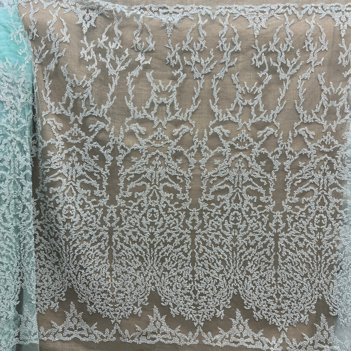 Beaded Lace Fabric on Polyester Net Mesh 52" Wide