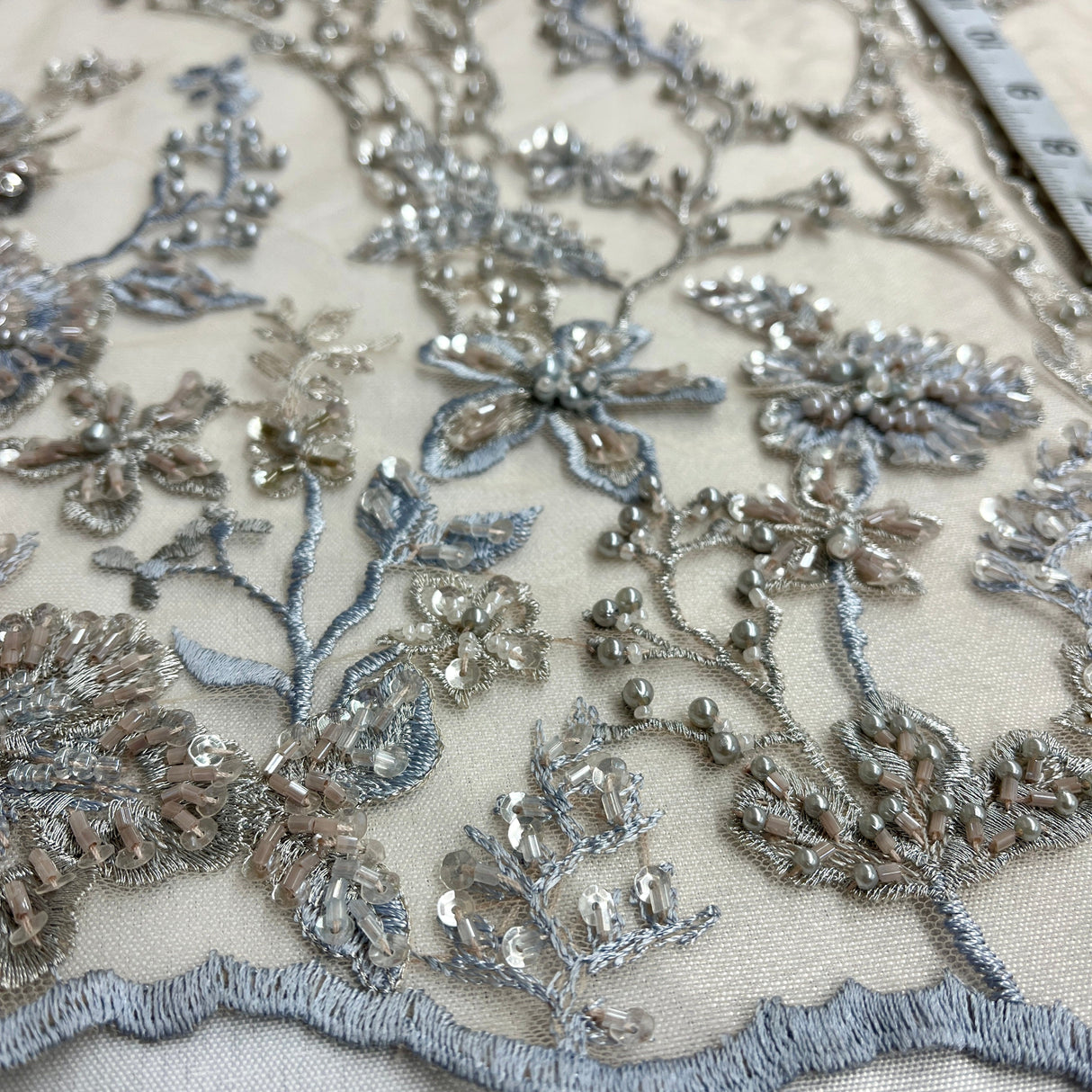 Beaded Lace Fabric Blue Skin Net