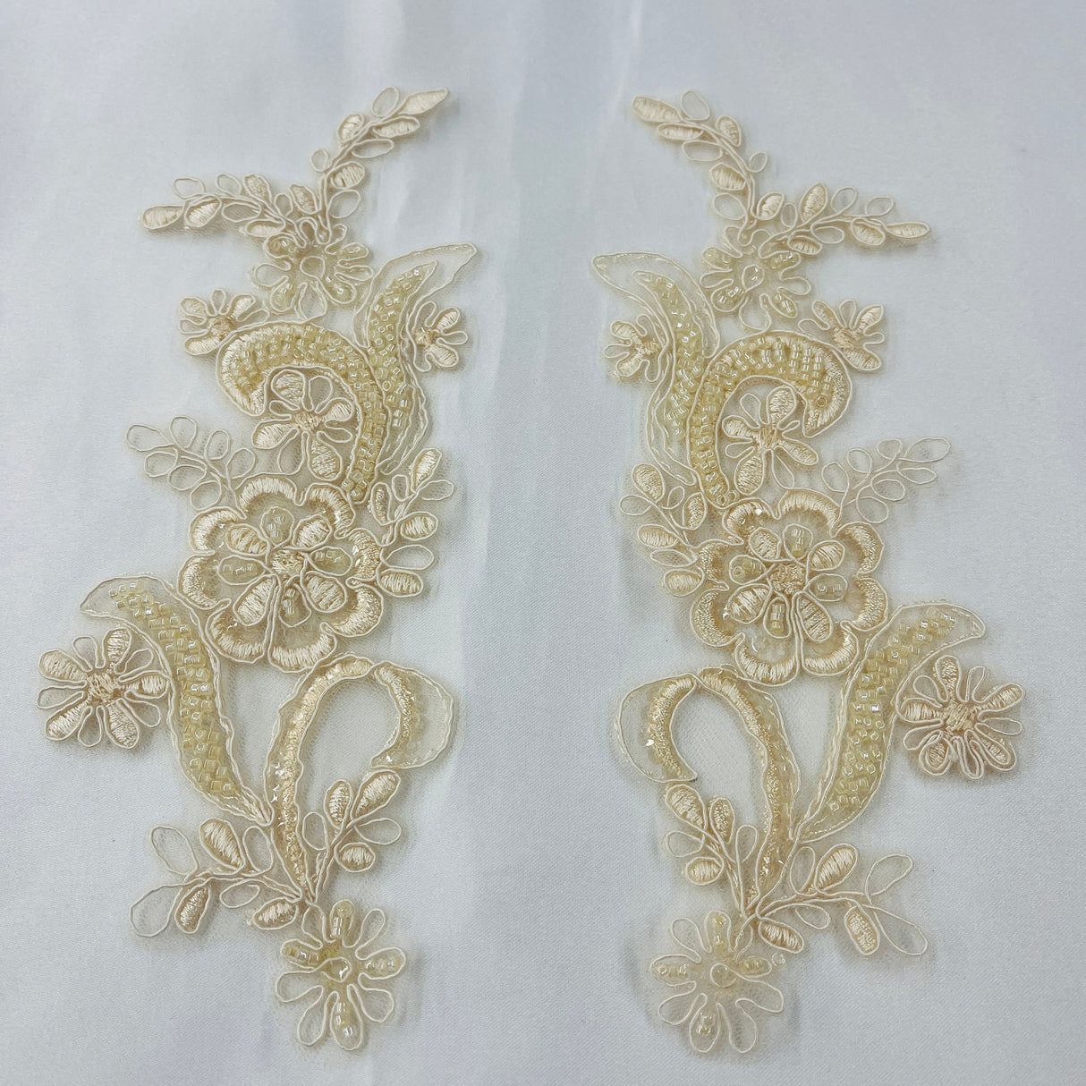 Beaded Corded Floral Lace Applique Pair