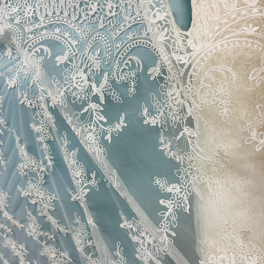 1 Yard - Corded Bridal Lace Fabric Embroidered on 100% Polyester Net Mesh - 51" Wide