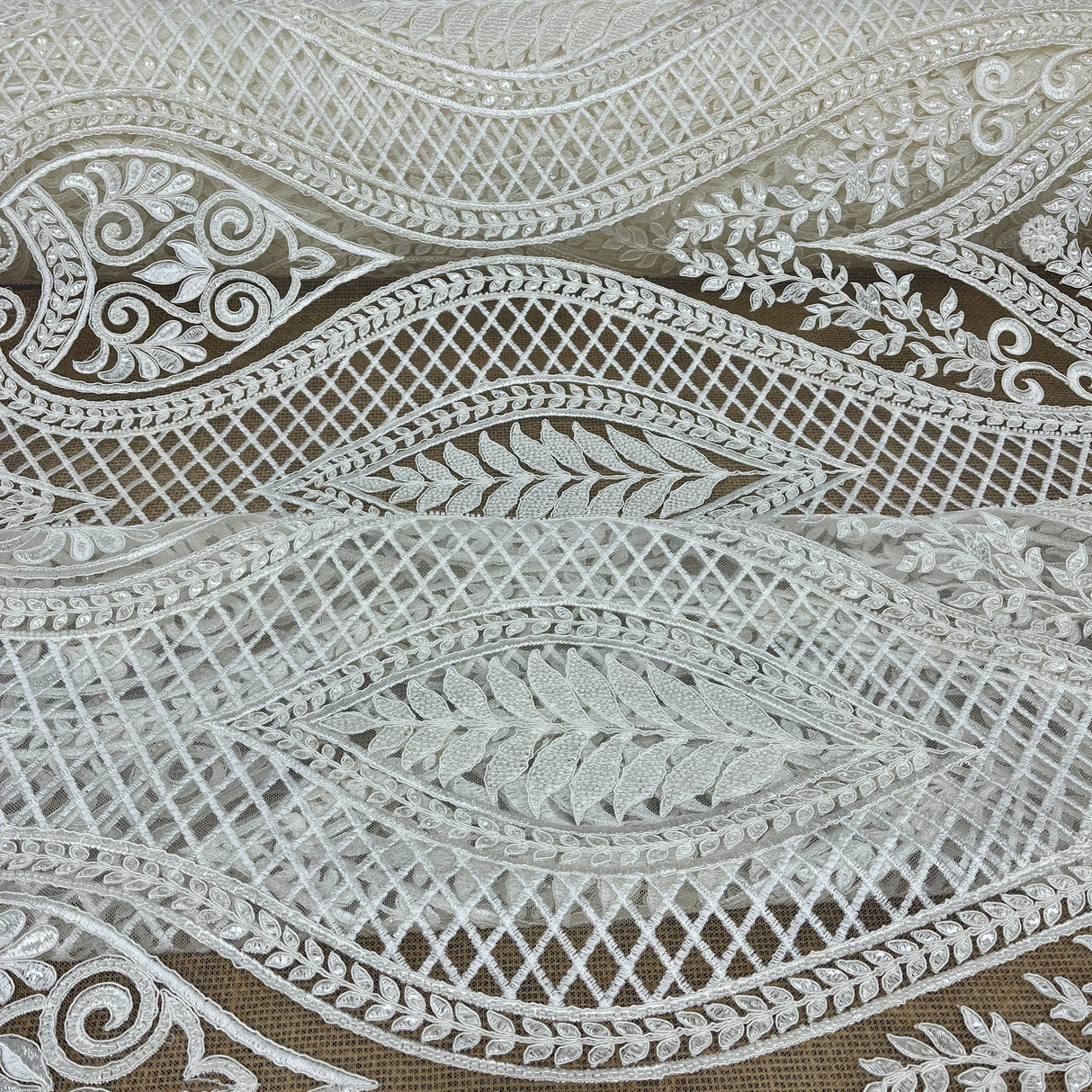 1 Yard Luxurious Beaded & Corded Bridal Lace Fabric Embroidered on Polyester Net Mesh 52” Wide