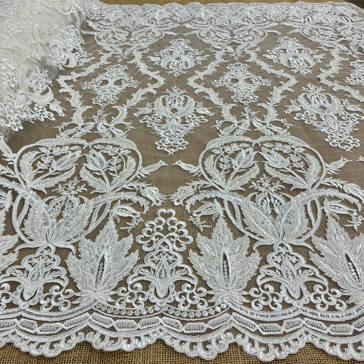 1 Yard Beaded & Corded Bridal Lace Fabric Embroidered on 100% Polyester Net Mesh 54" Wide