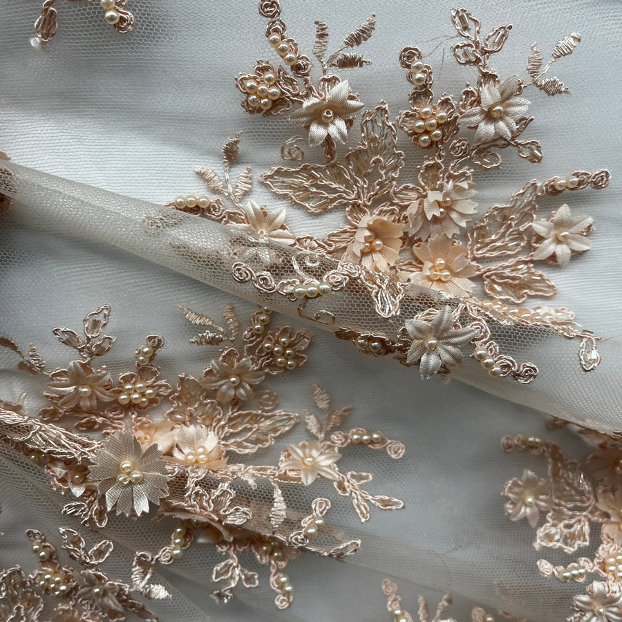 1 Yard Beaded 3D Floral Lace Fabric Embroidered on 100 Percent Polyester Net Mesh 50 Inch Width