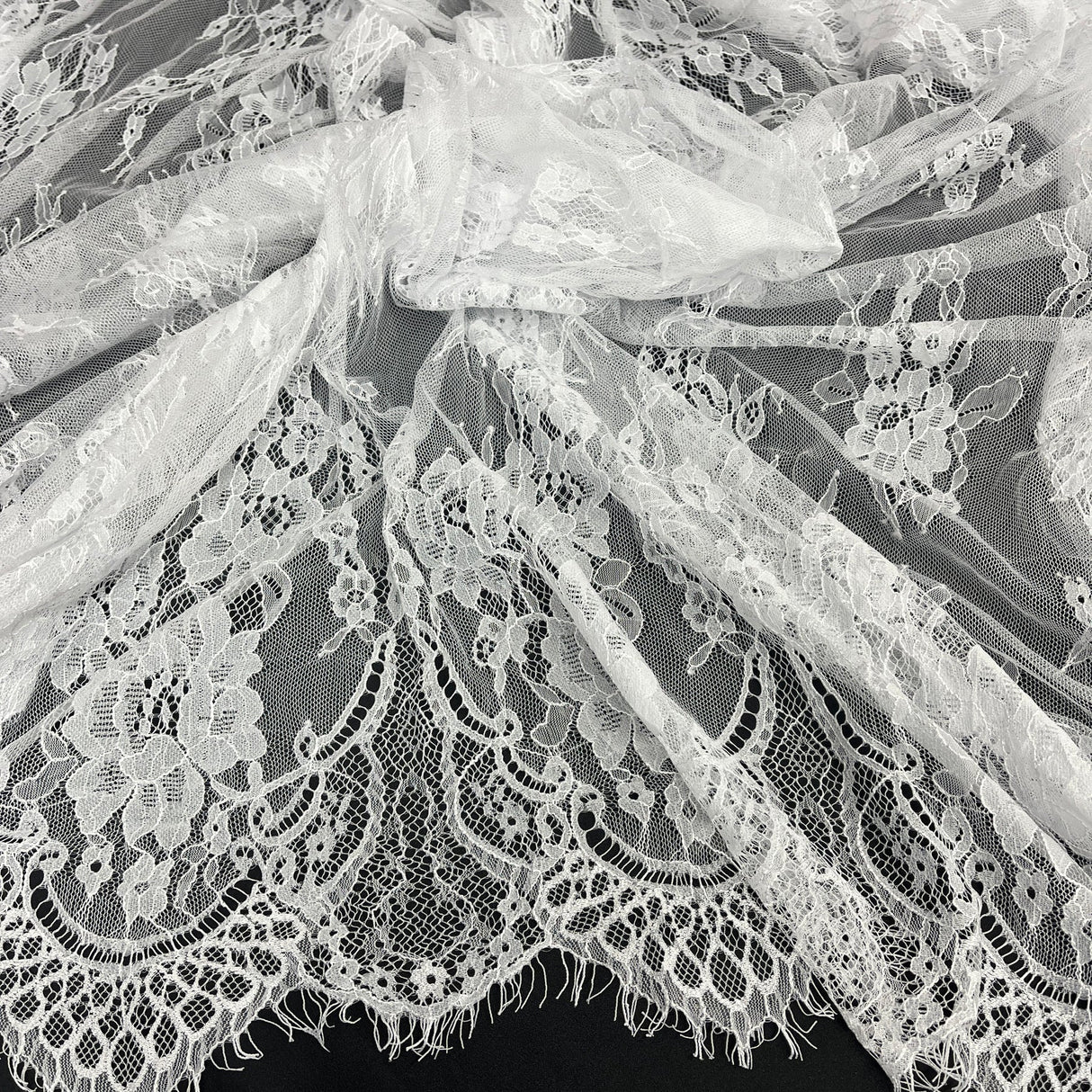 1 Yard Chantilly Embroidered Lace Fabric with Eyelash Scallop, 58" Wide French Alençon Lace for Bridal & Evening Dresses