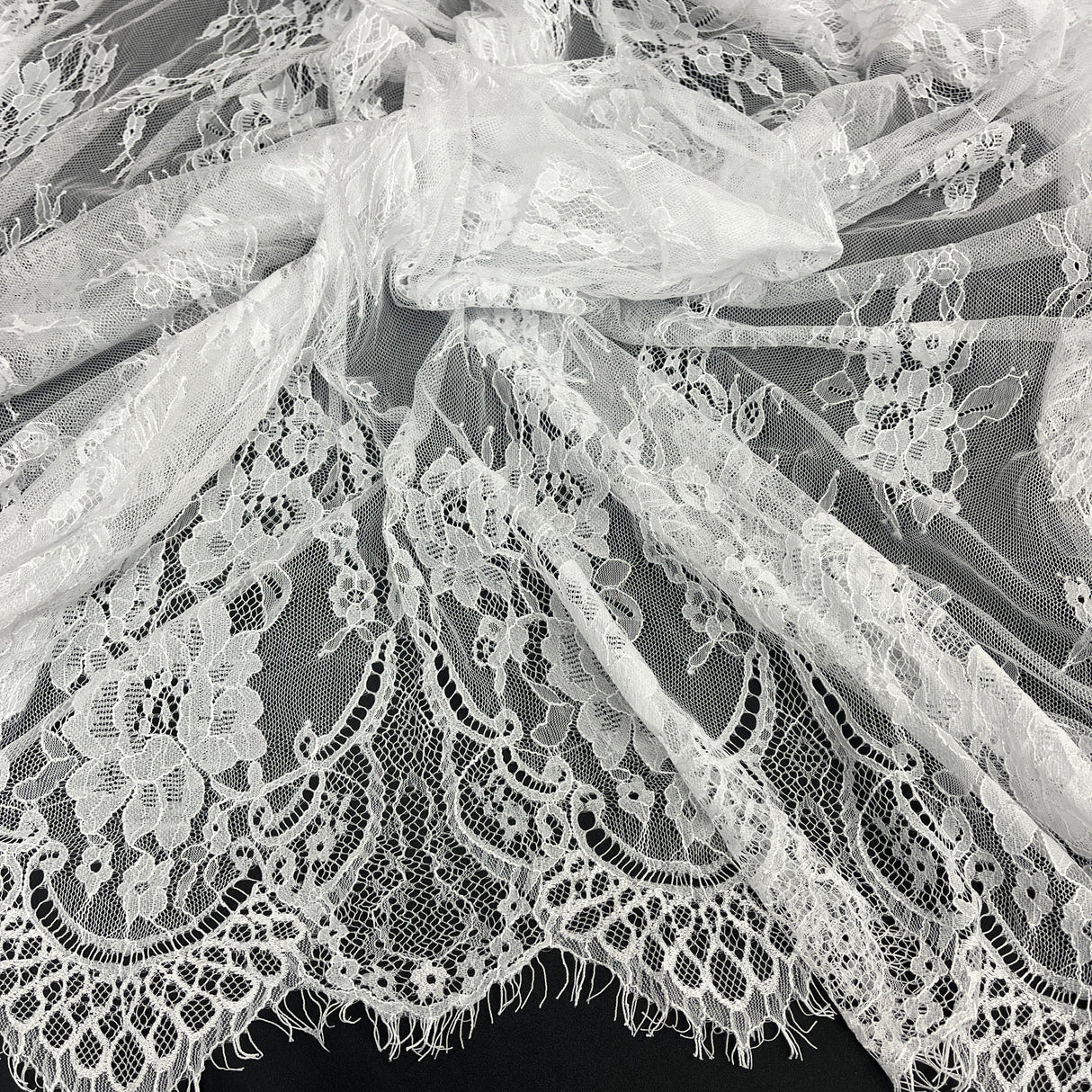 Embroidered Chantilly Lace Fabric with Eyelash Scallop