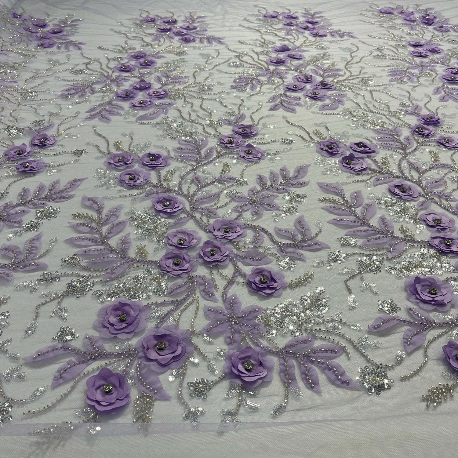 1 Yard Beaded 3D Floral Lace Fabric Embroidered 100 Percent Polyester Net Mesh 52 inch Width
