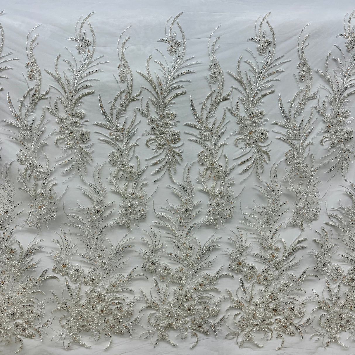 Beaded Lace Fabric Embroidered On 100 Percent Polyester Net Mesh - Lt. Blue, Ice Blue, Champagne, Nude, 50" Width (1 Yard)