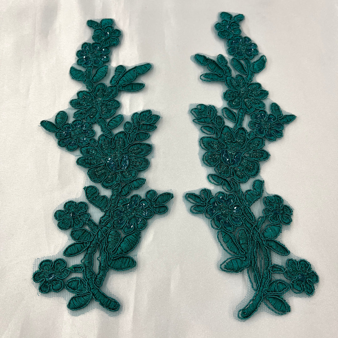 1 Pair Beaded & Corded Floral Lace Applique 10" x 2" Each Side