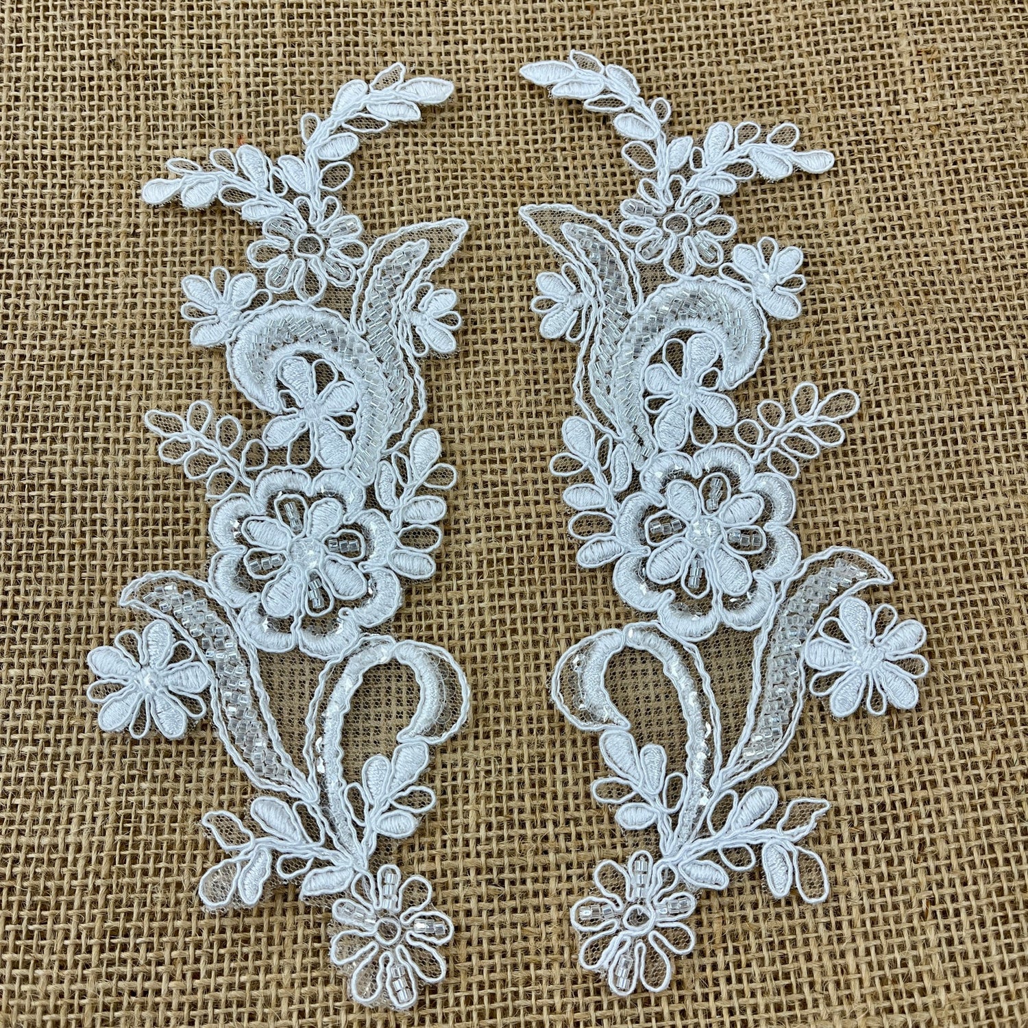 1 Pair Beaded & Corded Floral Lace Applique 9" x 2.5" Each Side
