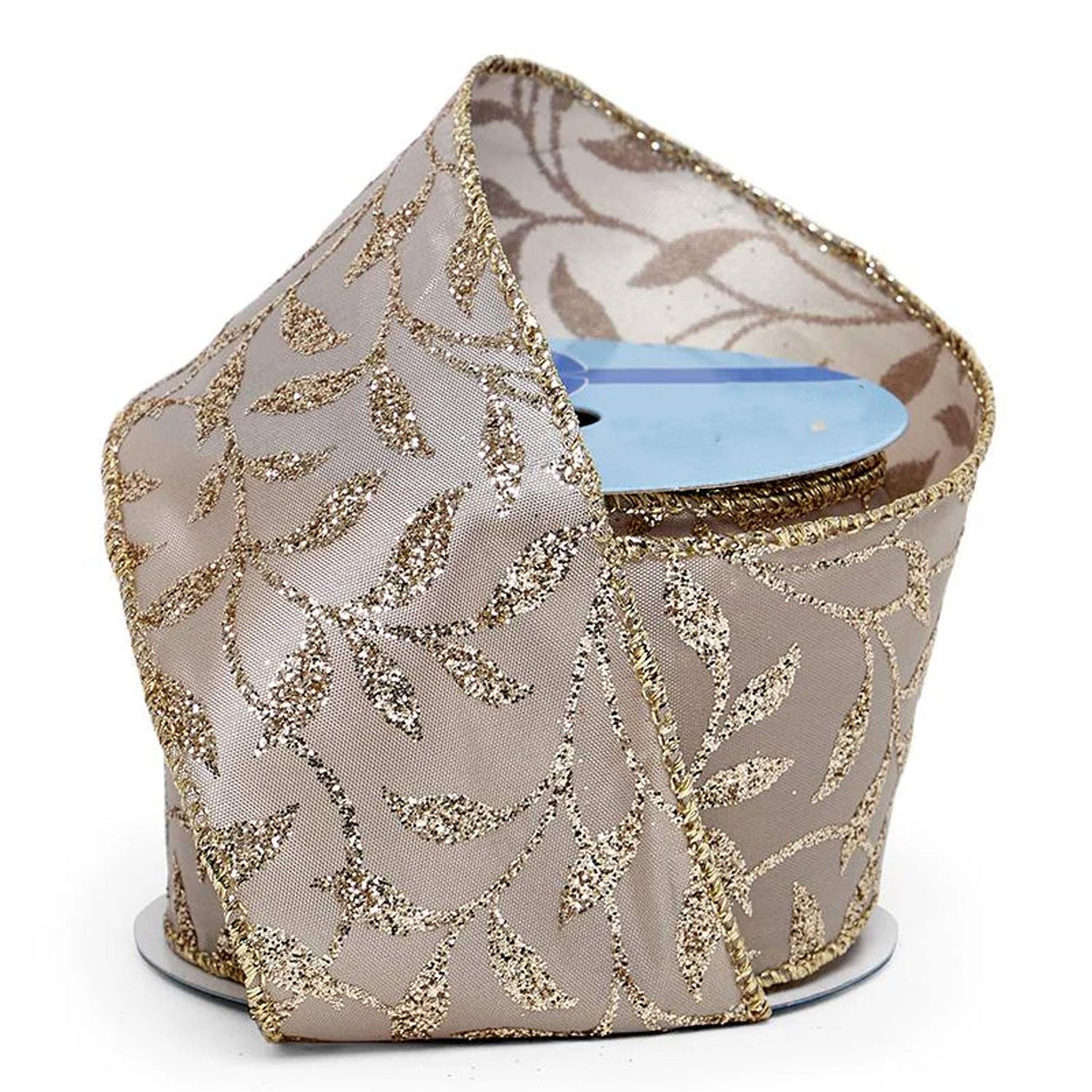 Sparkly Leaves On Wired Ribbon 2 1/2 '' X 10 yd Light Gold Color 1 / roll