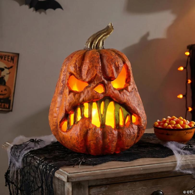 8" Rotten Flaming Pumpkin™ With Timer Style B Halloween Decoration