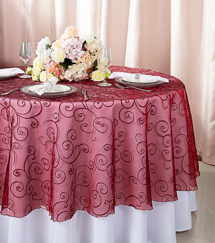 Round Organza Table Overlay 90" Burgundy