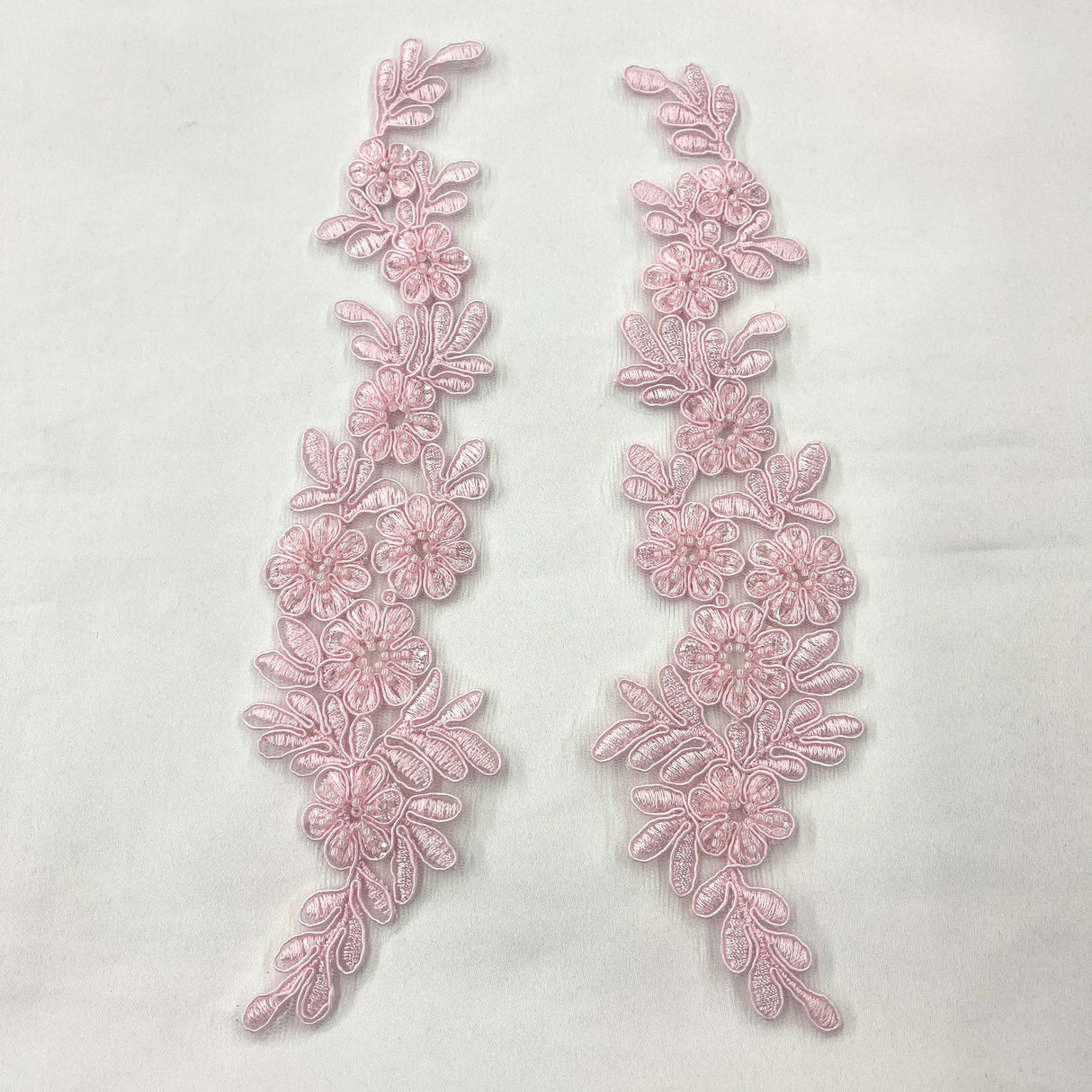 1 Pair 9.5" x 2" Each Side Beaded & Corded Floral Lace Applique Embroidered on 100% Polyester Net Mesh