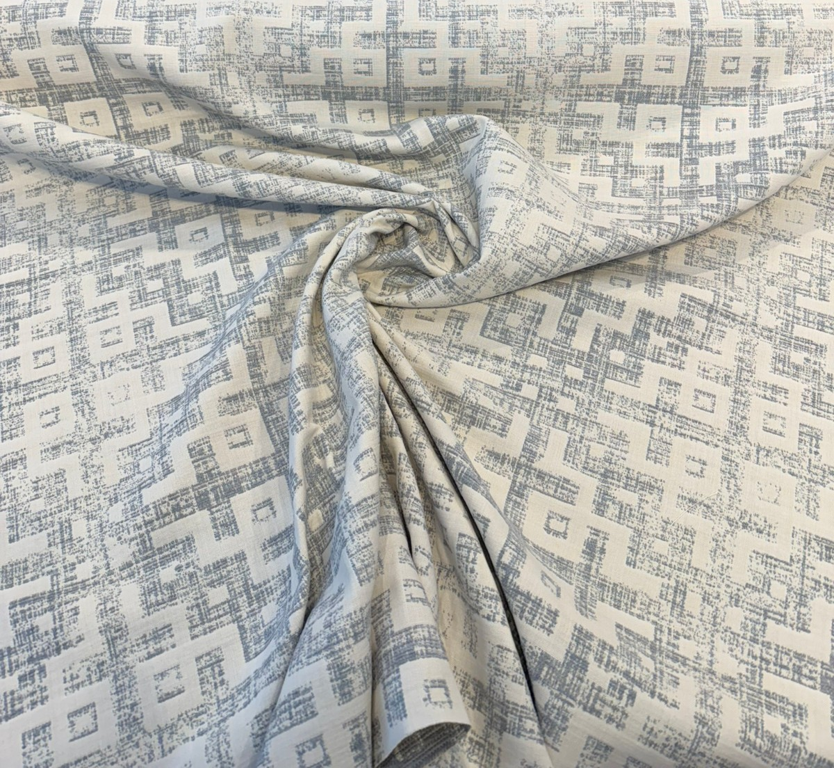 Sunbrella Merchant Mist Blue Solution-Dyed Acrylic Fabric - Distressed Geometric, Mist Blue/Ivory, 54" Width (By The Yard)