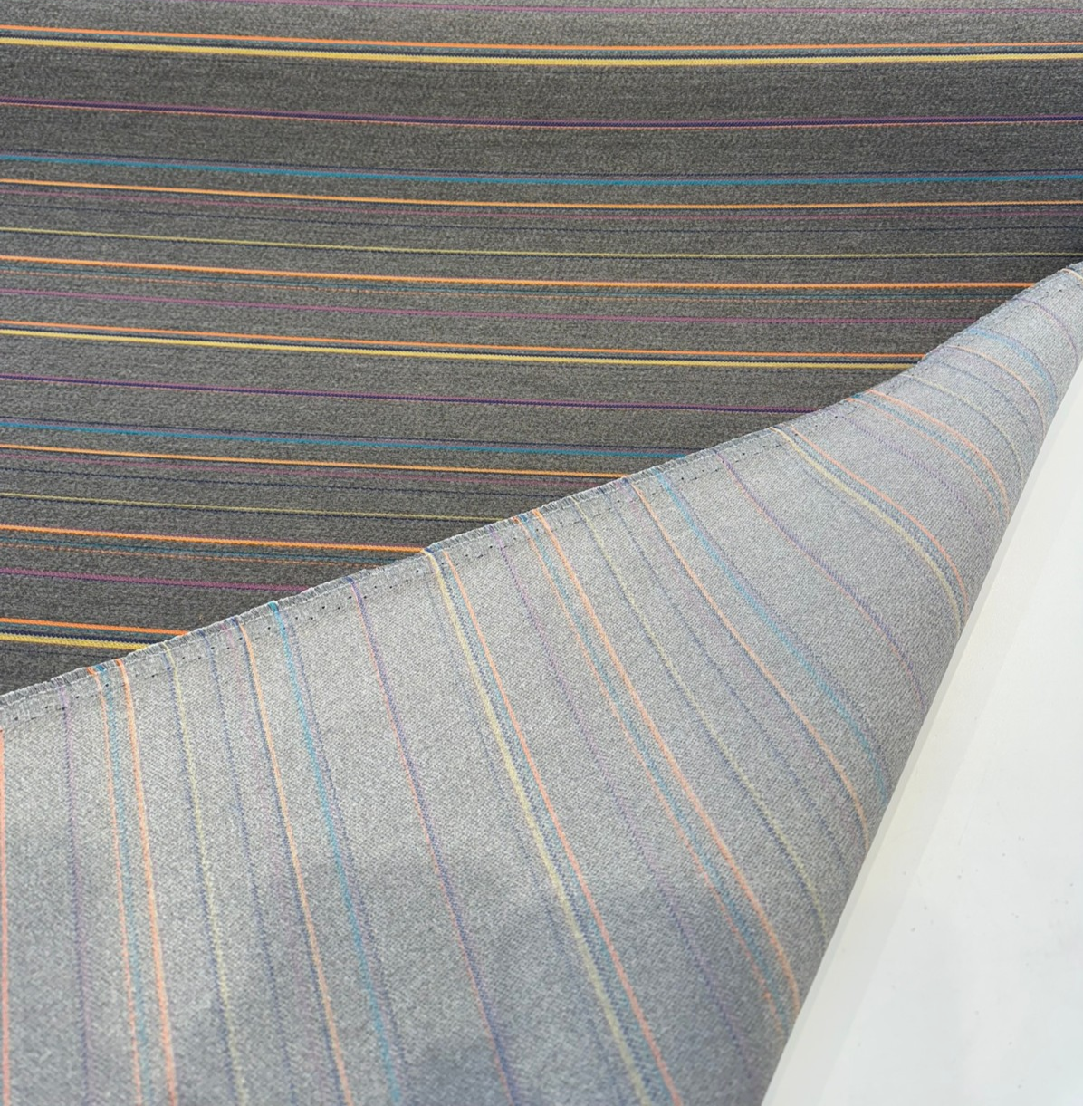 Sunbrella Prismatic Acrylic Fabric - Gray Granite Stripe, Charcoal Gray Multicolor Vertical Stripes, 54" Width (1 Yard)