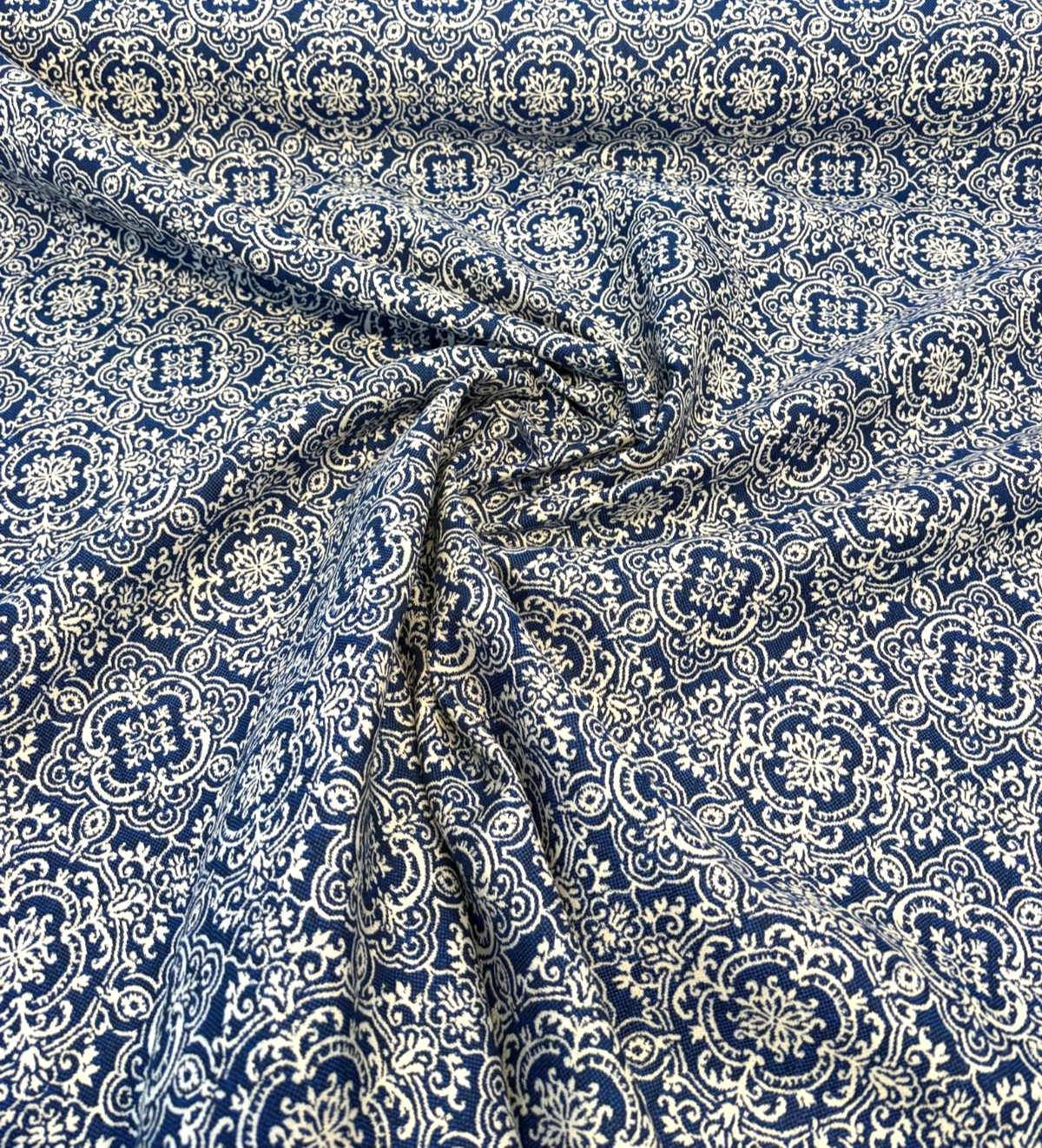 Amalfi Sunbrella Acrylic Fabric - Azure Blue/Ivory Damask, 54" Width, 7.5" Repeat (1 Yard)