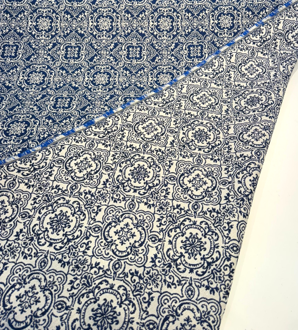 Amalfi Sunbrella Acrylic Fabric - Azure Blue/Ivory Damask, 54" Width, 7.5" Repeat (1 Yard)