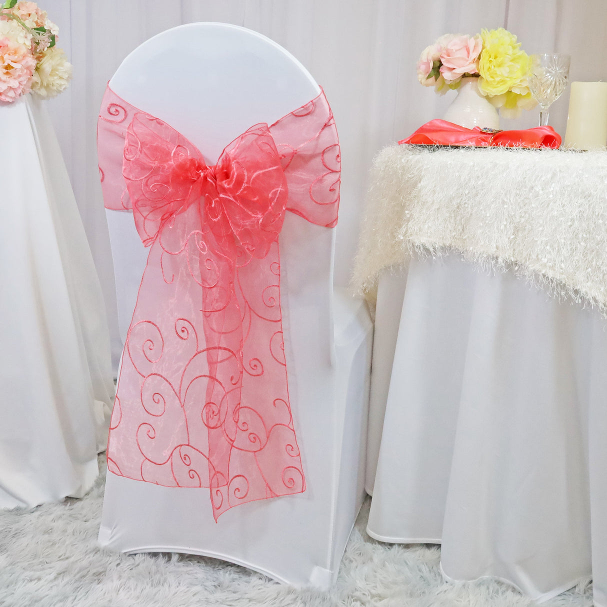 Embroidered Organza Chair Sash Coral 8x108
