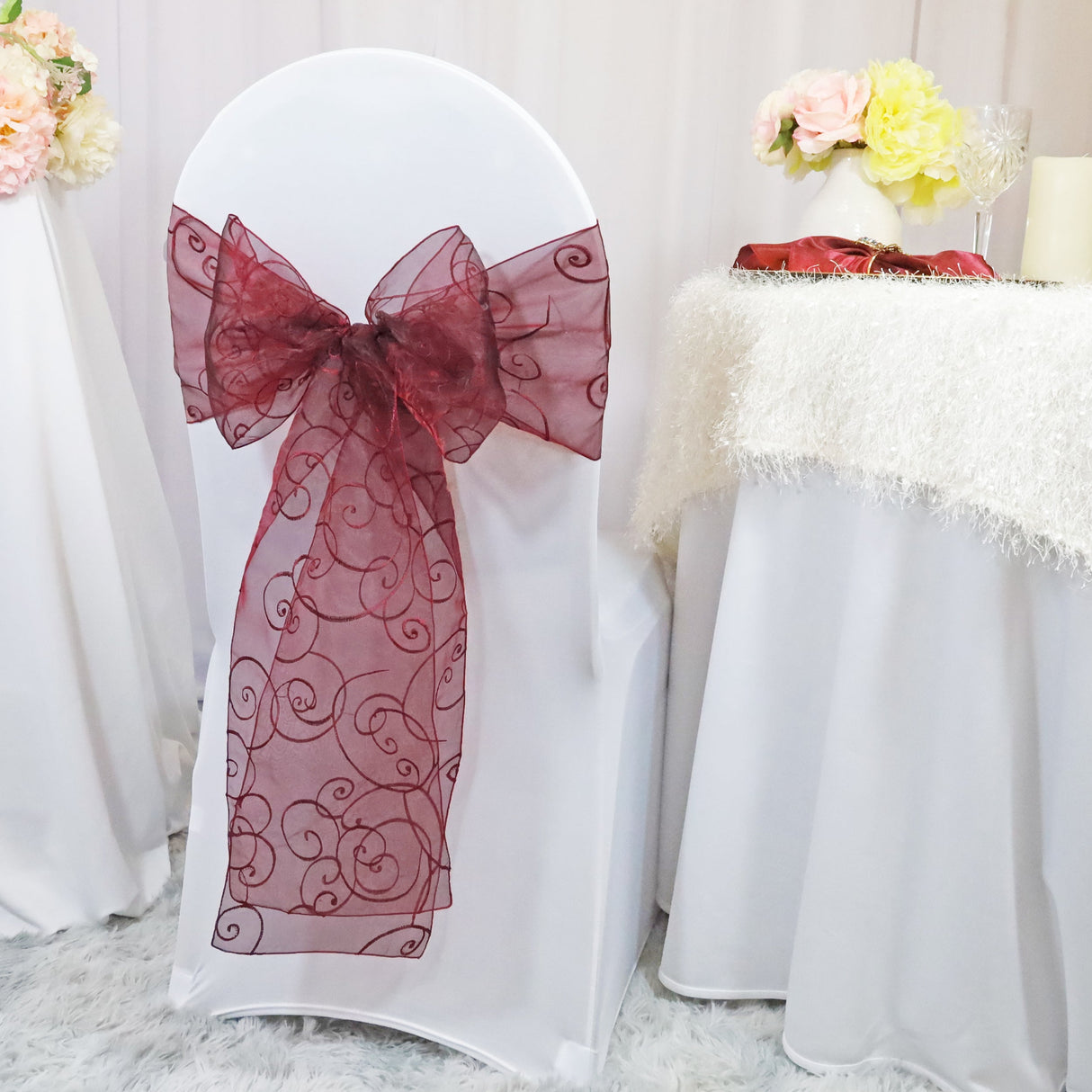 Embroidered Organza Chair Sash Burgundy