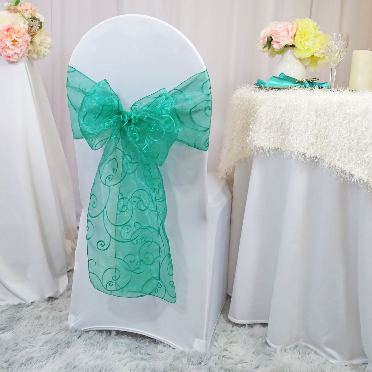 Embroidered Organza Chair Sash 8x108 Jade