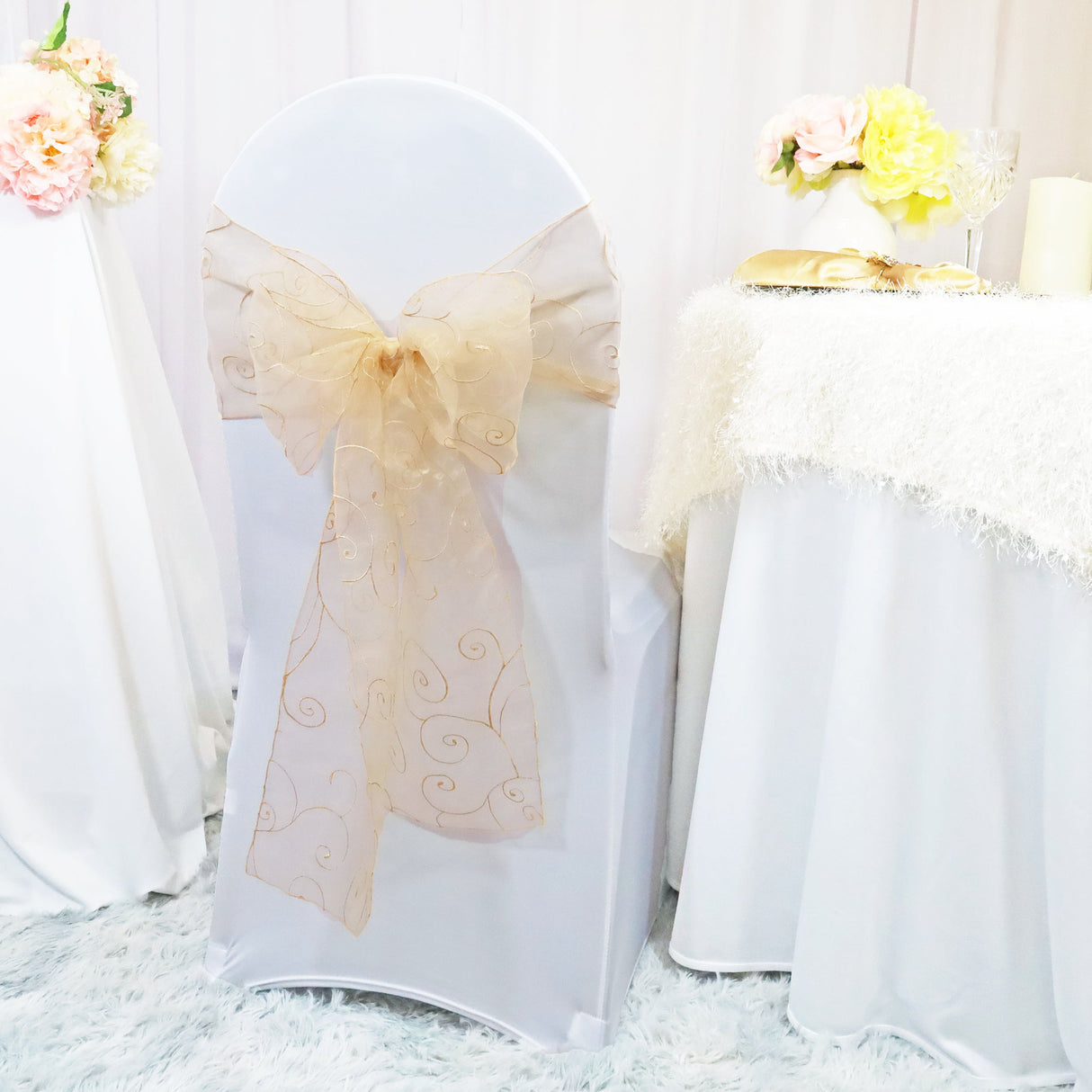Embroidered Organza Chair Sash Sample 8x108 Champagne