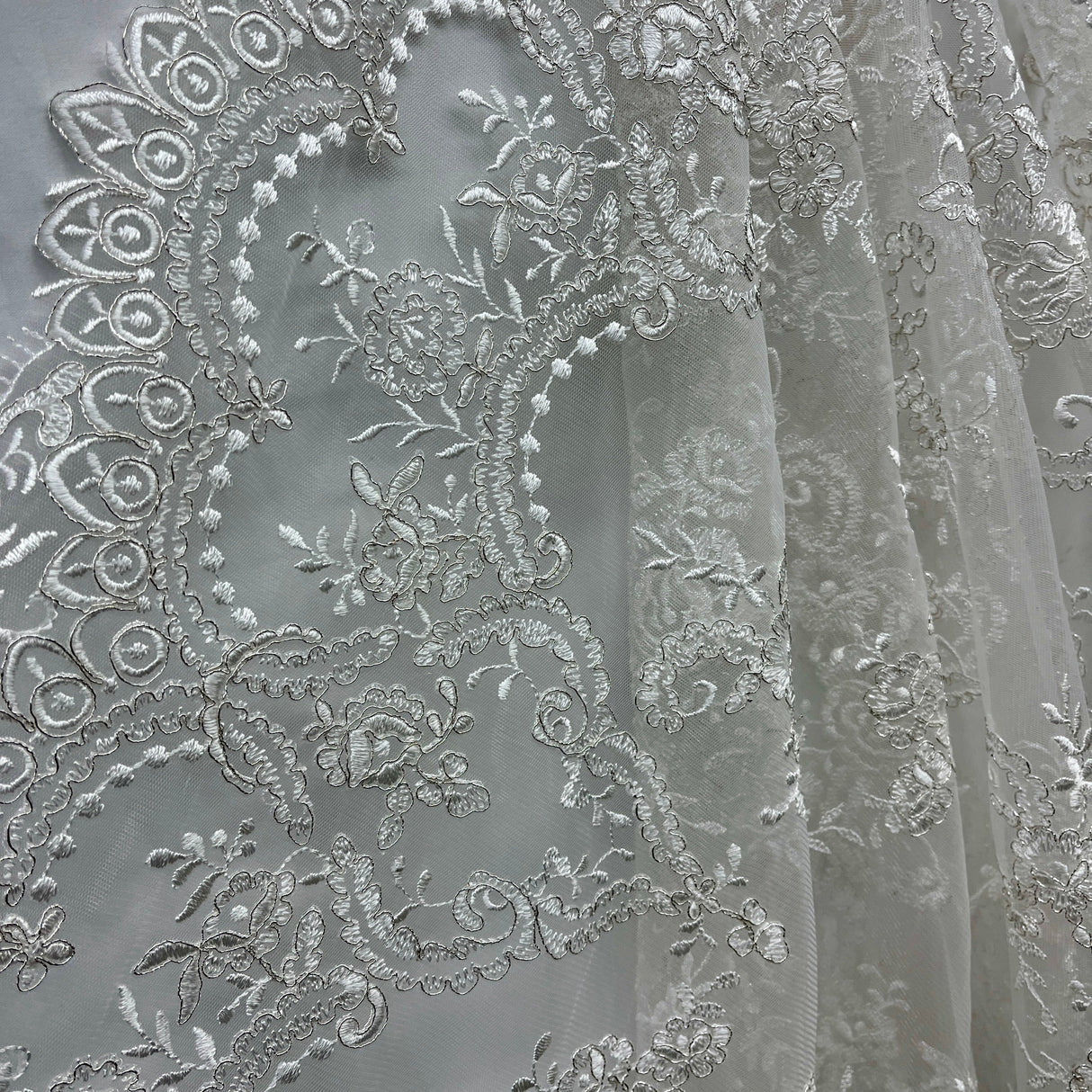 Embroidered Bridal Lace Ivory Silver