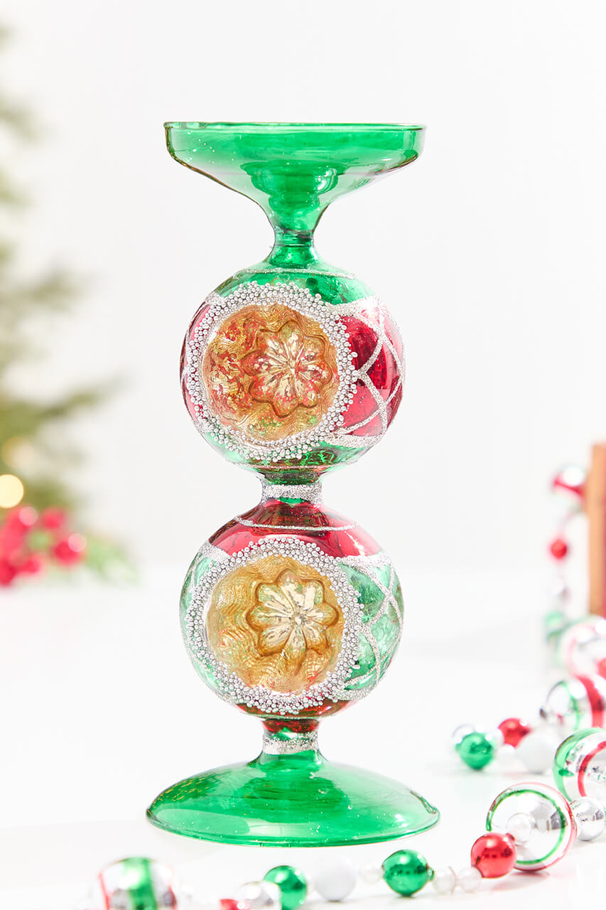 10" Red & Green Reflector Glass Candle Holder