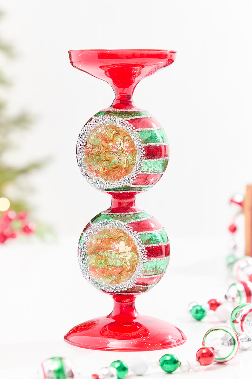 10" Red & Green Reflector Glass Candle Holder