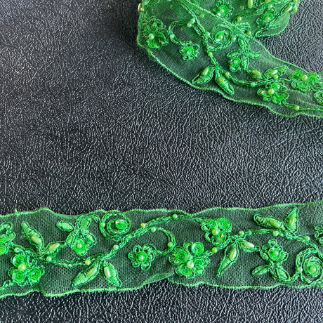 1 Yard Beaded & Corded Lace Trimming on Net Mesh | 2" Wide | Decorative Trim for Bridal, Evening & Dancewear