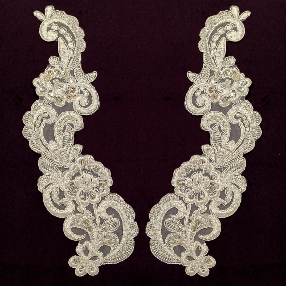 Beaded Corded Floral Lace Applique Pair