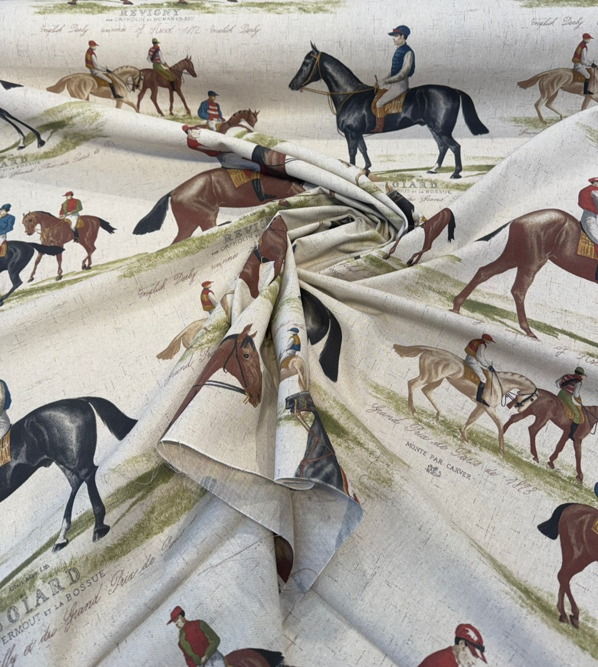 Equestrian Horse Derby Cotton Blend Fabric - Vintage Horse Racing Motif, Earth Tones, 54" Width (1 Yard)