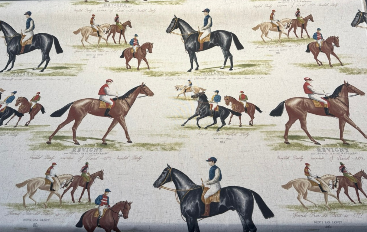 Equestrian Horse Derby Cotton Blend Fabric - Vintage Horse Racing Motif, Earth Tones, 54" Width (1 Yard)