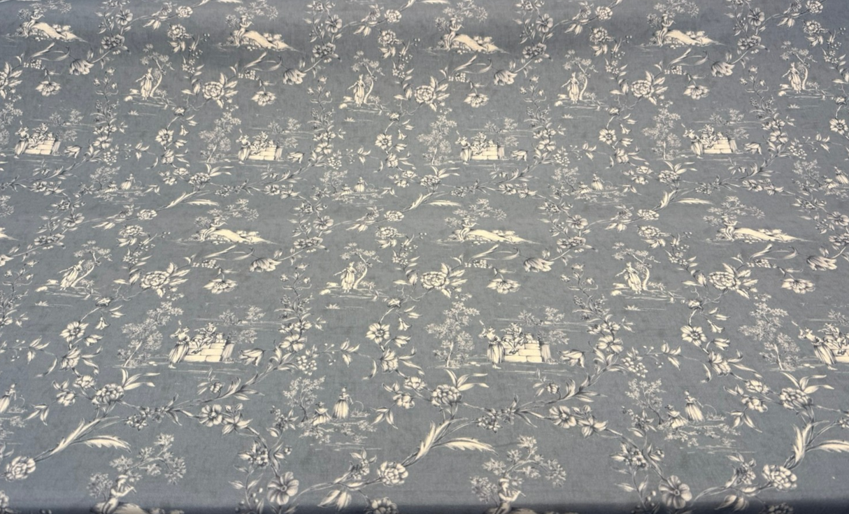 Blue Floral Toile Scenic Cotton Fabric - Dusty Blue, White Floral Scenic Toile, 54" Width (By The Yard)