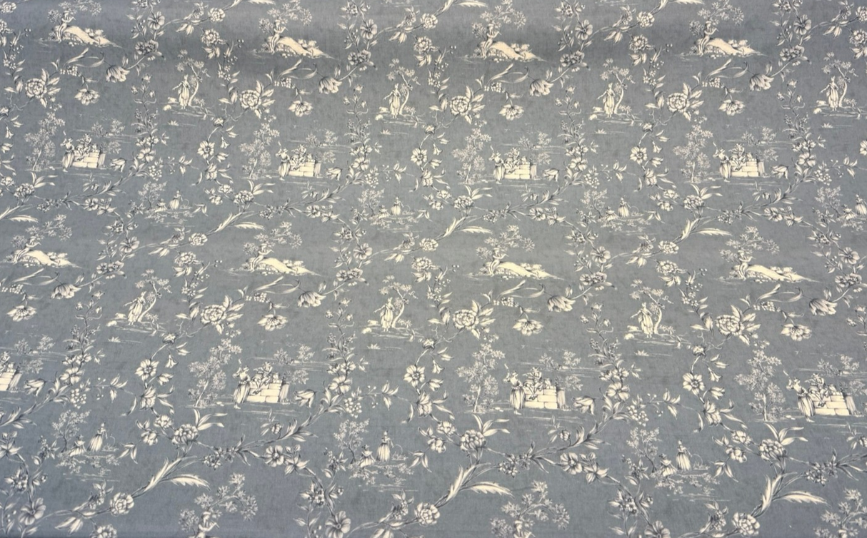 Blue Floral Toile Scenic Cotton Fabric - Dusty Blue, White Floral Scenic Toile, 54" Width (By The Yard)