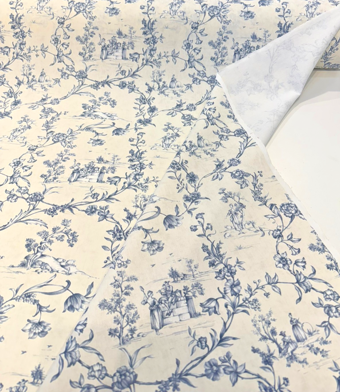 Floral Toile Scenic Cotton Fabric - White Blue Scenic Floral Toile, 54" Width (By The Yard)