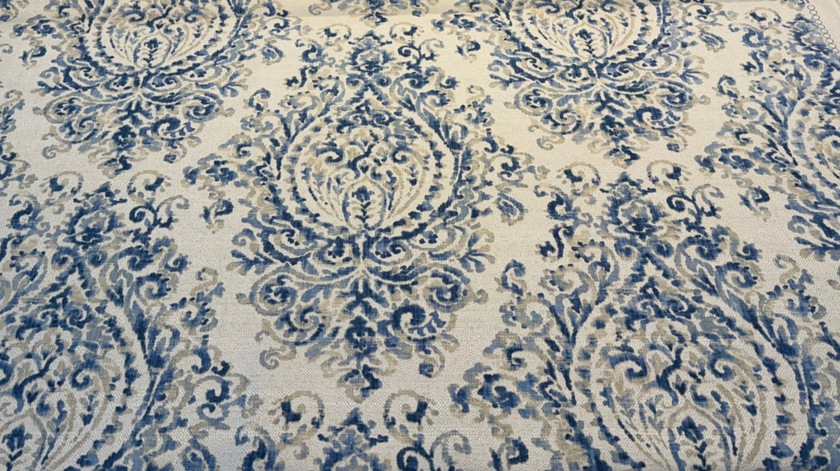 Lido Blue Damask Linen Blend Fabric - Ivory Base With Soft Blue Damask Pattern, 54" Width (By The Yard)