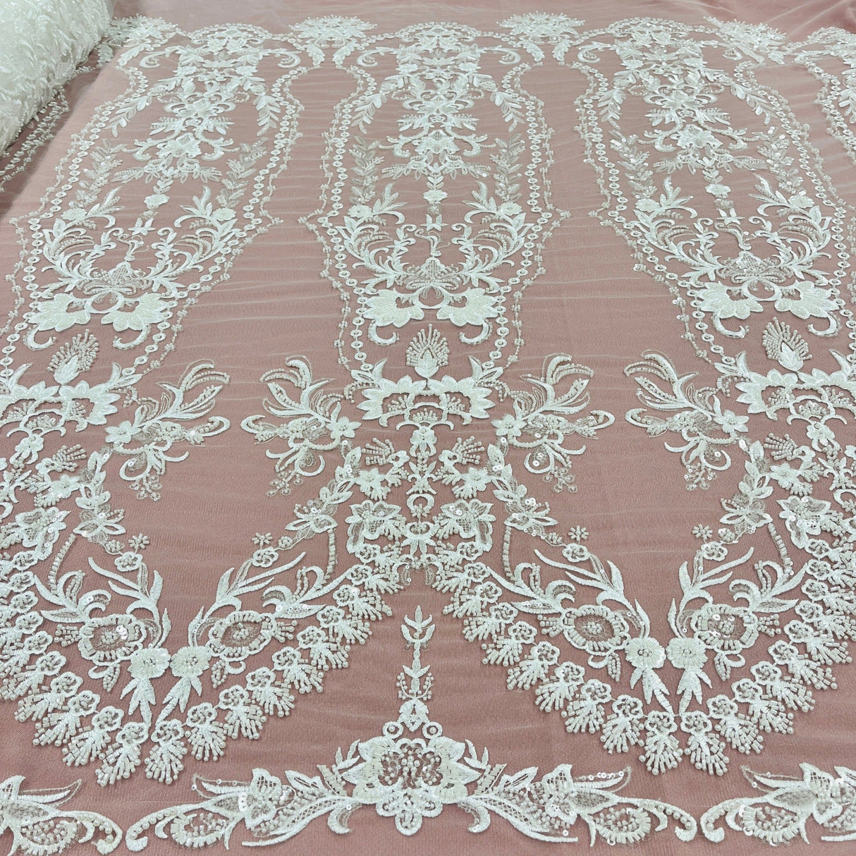Beaded Lace Fabric Embroidered On 100 Percent Polyester Net Mesh - Off White, Antique Silver, White, 50" Wide (1 Yard)