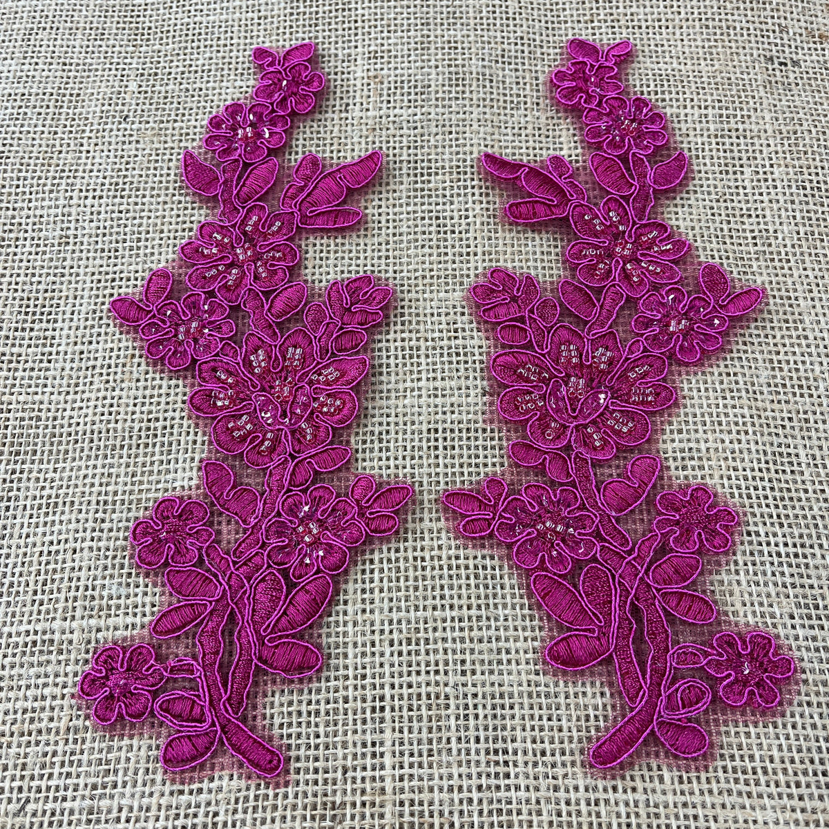 1 Yard Beaded & Corded Floral Lace Applique Embroidered on 100% Polyester Net Mesh 10" X 2" Each Side