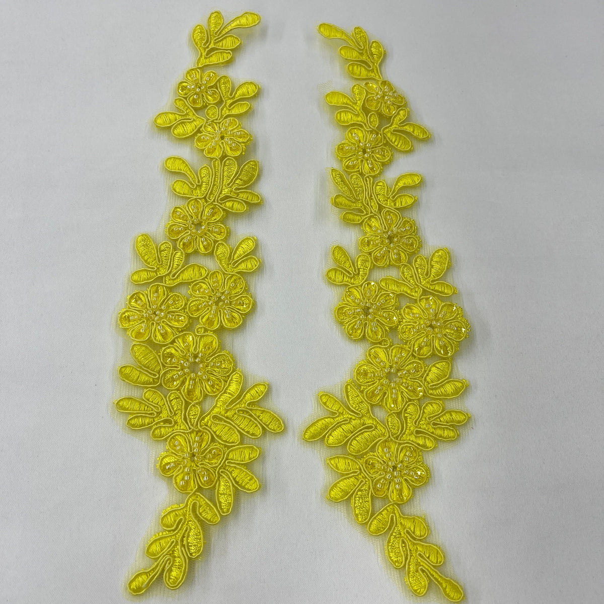 1 Yard Beaded and Corded Floral Lace Applique Embroidered on 100% Polyester Net Mesh 9.5" x 2" Each Side