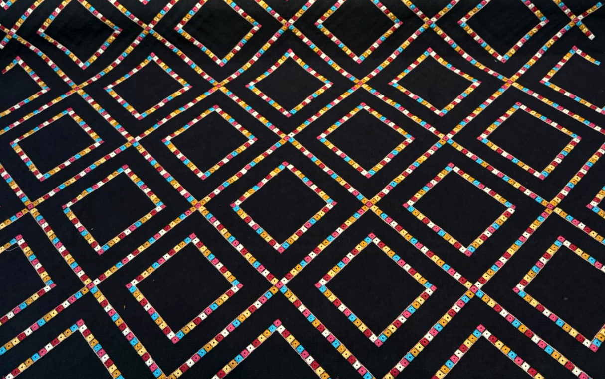 Waverly Beaded Lattice Embroidered Cotton Fabric - Jewel Black Multicolor Diamond Lattice, 55" Width (By The Yard)