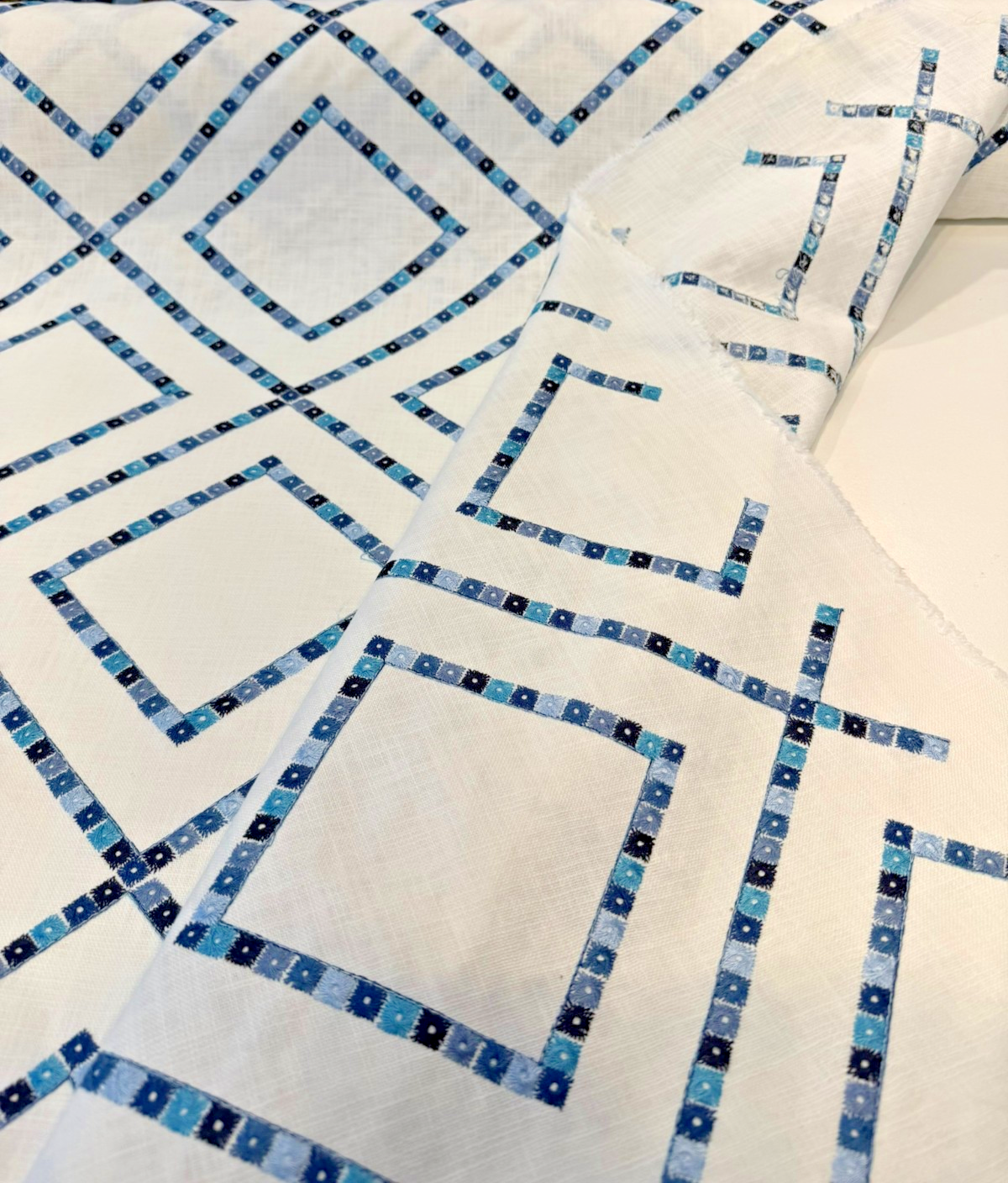 Beaded Lattice Porcelain Blue Emb 410512 Embroidered Cotton Fabric - Porcelain Blue, Diamond Trellis, 55" Width (1 Yard)