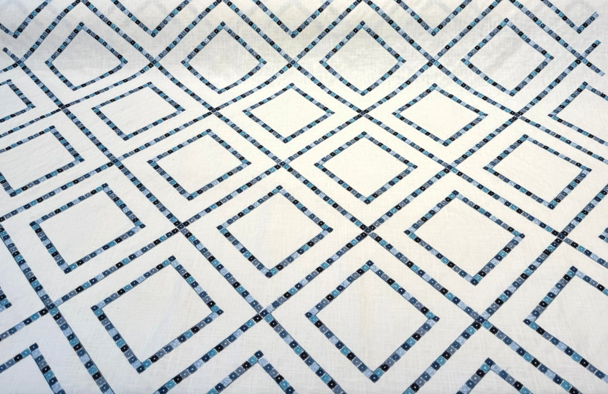 Beaded Lattice Porcelain Blue Emb 410512 Embroidered Cotton Fabric - Porcelain Blue, Diamond Trellis, 55" Width (1 Yard)