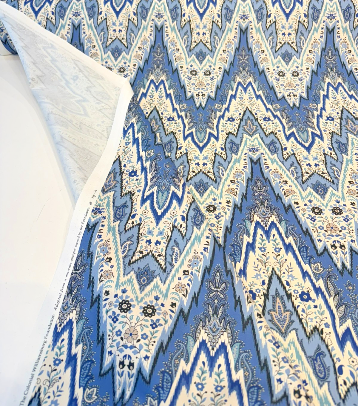 Williamsburg Bray Flamestitch Cotton Fabric - Indigo Blue Flamestitch Chevron With Paisley Floral, 54" Width (1 Yard)