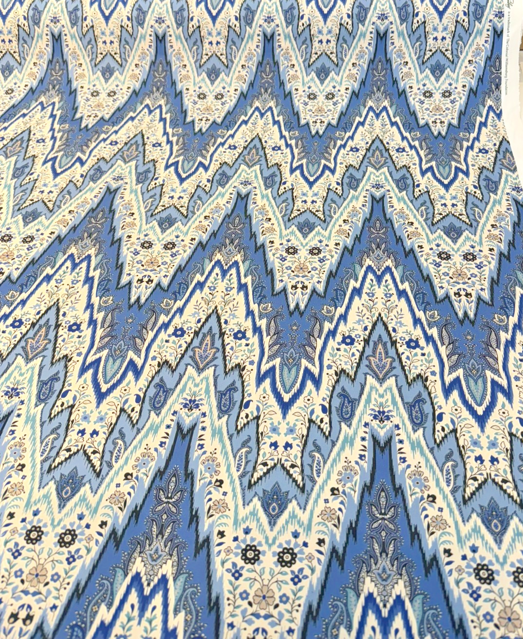 Williamsburg Bray Flamestitch Cotton Fabric - Indigo Blue Flamestitch Chevron With Paisley Floral, 54" Width (1 Yard)
