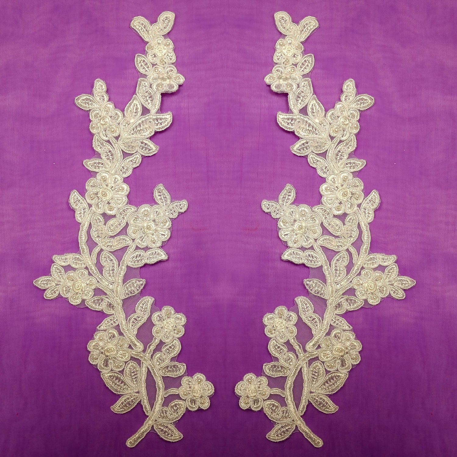 1 Pair Beaded & Corded Floral Lace Applique Embroidered on 100% Polyester Mesh 10" x 3" Each Side