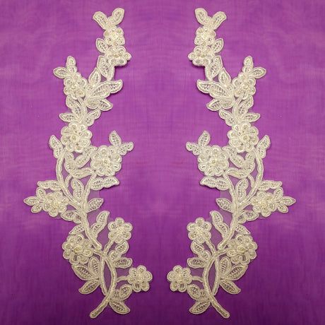 1 Pair Beaded & Corded Floral Lace Applique Embroidered on 100% Polyester Mesh 10" x 3" Each Side
