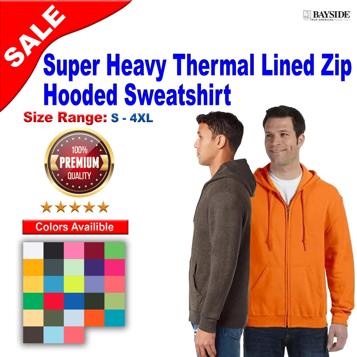 Bayside® Super Heavy Thermal Lined Full Zip Hooded Sweatshirt